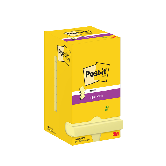 Bloc-mémos Post-it Z-Notes S330 Super Sticky 76x76mm jaune 12 pièces