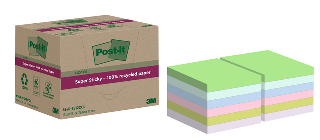 Bloc-mémos Post-it 654 RSS12COL 76x76mm Recyclé couleurs pastel 12 pièces