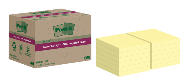 Bloc-mémos Post-it 654 Super Sticky RSS12CY Recyclé 76x76mm jaune canari 12 pièces