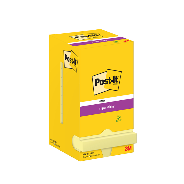 Memoblok Post-it 654 Super Sticky 76x76mm canary yellow 12 stuks