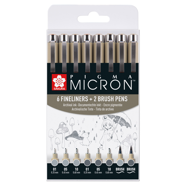 Fineliner en brushpen Sakura Pigma Micron koudgrijs set à 8 stuks assorti