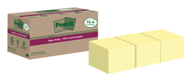 Memoblok Post-it 654 RSS12CY 76x76mm geel 14+4 gratis