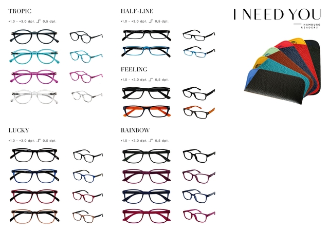 Lunettes de lecture I Need You Tropic/Lucky/Half-line/Feeling/Rainbow assorti 80 lunettes et étuis