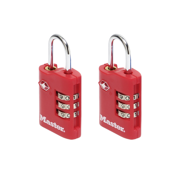 Hangslot Masterlock 3-cijfer combi TSA set van 2 sloten assorti in willekeurige kleur 30mm 2 stuks