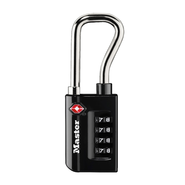 Hangslot Masterlock 4-cijfer combinatie TSA lange beugel zwart 35mm