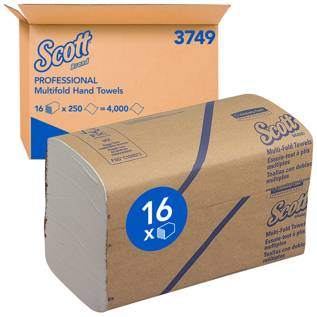 Handdoek Scott m-vouw 1-laags 203x240mm 16x250 vel wit 3749