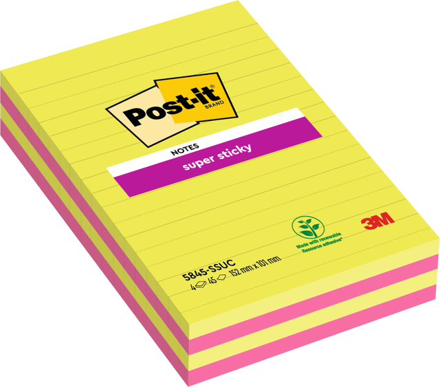 Bloc mémos 3M Post-it 584 127x203 Super Sticky ligné assorti 4 pièces