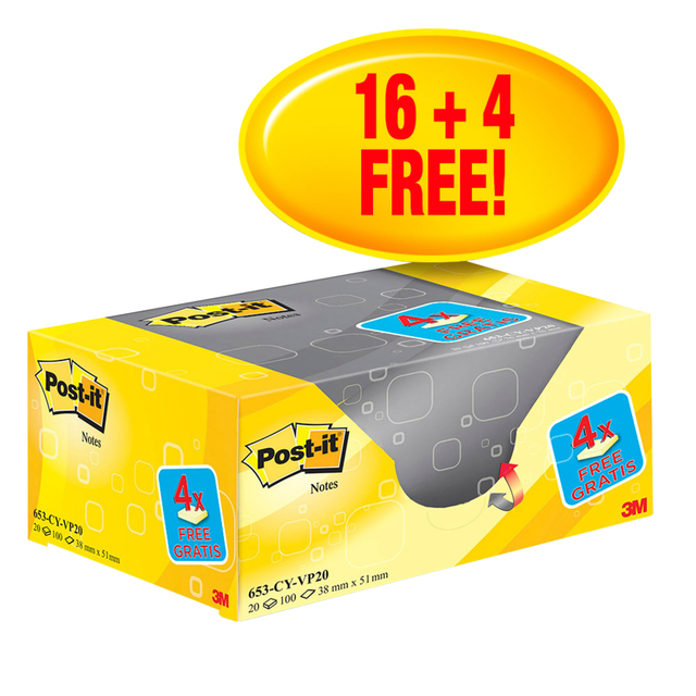 Memoblok 3M Post-it 653 38x51mm geel 16 + 4 gratis