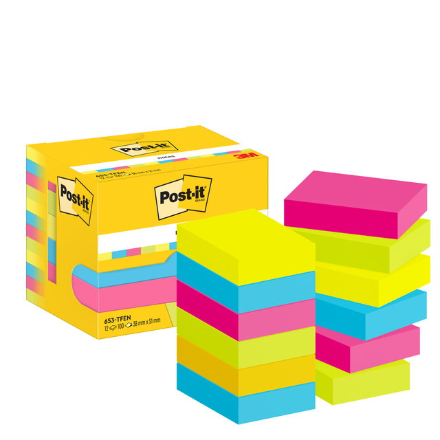 Memoblok 3M Post-it 653 38x51mm neon assorti kleur 12 stuks