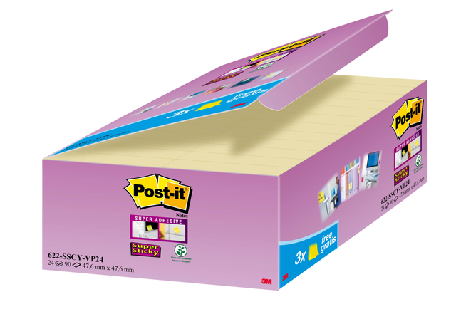 Memoblok 3M Post-it 622 Super Sticky 47.6x47.6mm geel 21 + 3 gratis