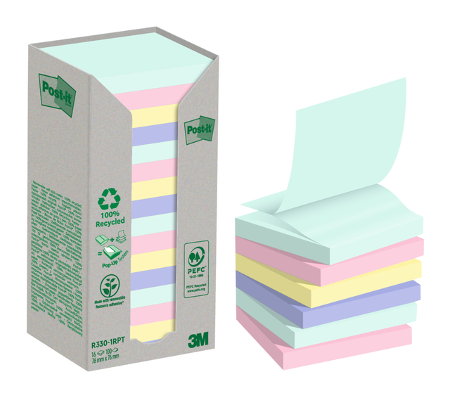 Memoblok 3M Post-it Z-Note R330 76x76mm recycle assorti kleur 16 stuks