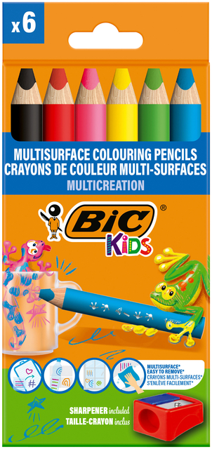 Kleurpotloden BicKids Multi Surface inclusief puntenslijper assorti pak à 6 stuks