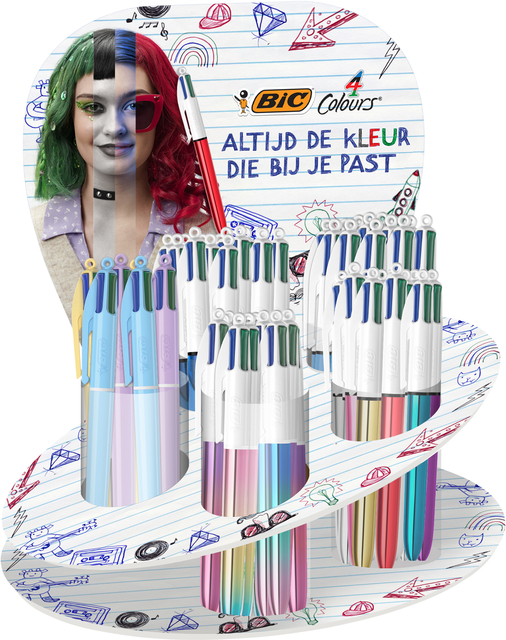 Balpen Bic 4kleuren medium assorti display à 60 stuks