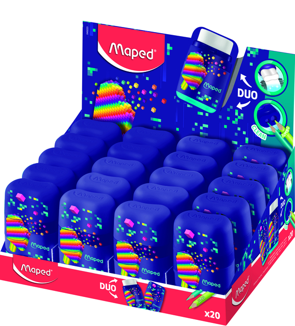 Puntenslijper Maped Pixel Party Connect 2-gaats met gum display à 20 stuks