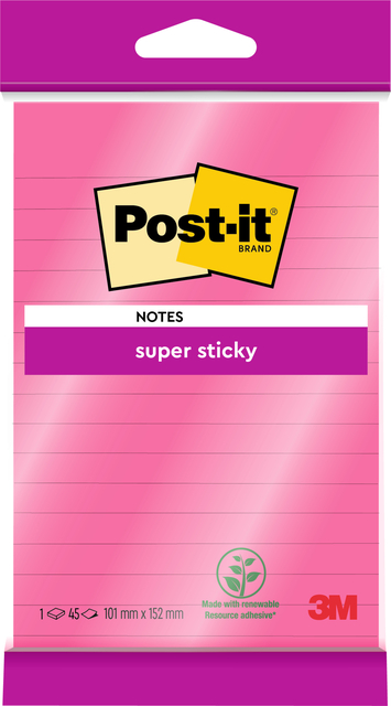 Memoblok 3M Post-it 4645 Super Sticky 101x152mm lijn roze