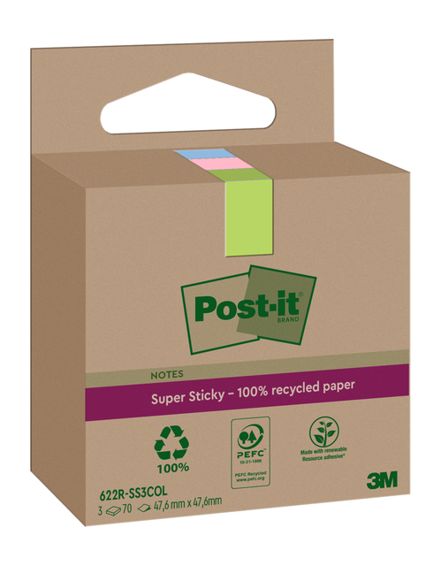 Memoblok 3M Post-it 622 RSS3COL 47.6x47.6mm assorti kleur 3 stuks