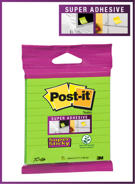 Memoblok 3M Post-it XL-LL Super Sticky 101mmx101mm groen met lijn 70 vel