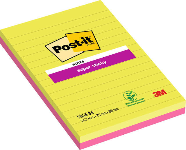 Bloc-mémos 3M Post-it 5845 Super Sticky 127x203mm ligné assorti 90 feuilles