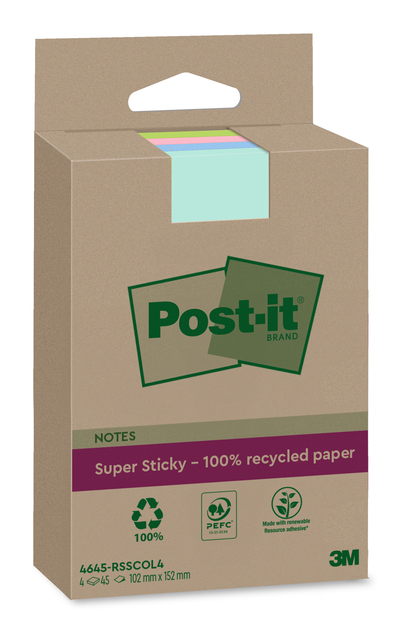 Memoblok 3M Post-it 4645-RSSCOL4 Super Sticky 102x152mm ass. Kleur 4 stuks