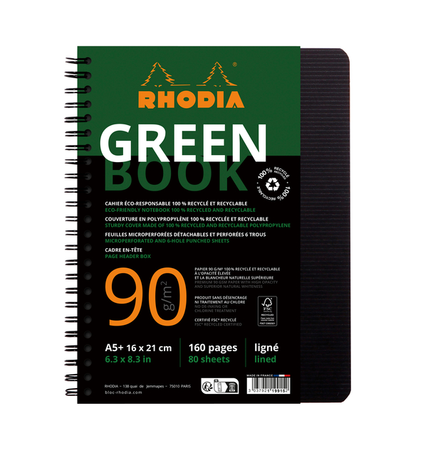 Notitieboek Rhodia Greenbook A5 lijn 6-gaats 180 pagina's 90gr zwart