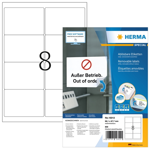 Etiquette HERMA 10312 99,1x67,7mm amovible blanc 800 étiquettes