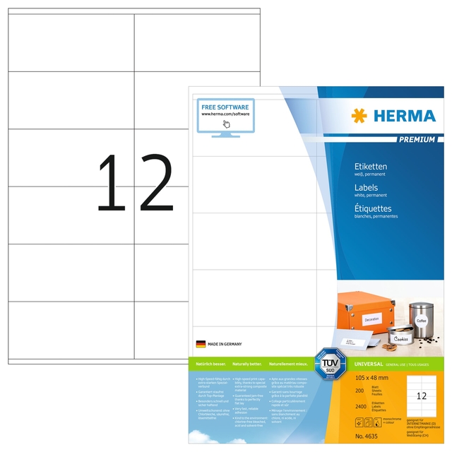 Etiquette HERMA 4635 Premium 105x48mm blanc 2400 étiquettes