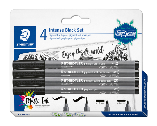 Feutre pinceau Staedtler PigmentArts noir intense set 4 largeurs de trait