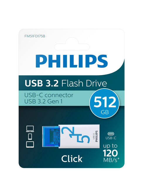 Clé USB Philips Click USB-C 512Go Ocean Blue