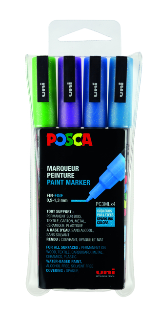 Verfstift Posca PC3M fijn glitter koel assorti set à 4 stuks