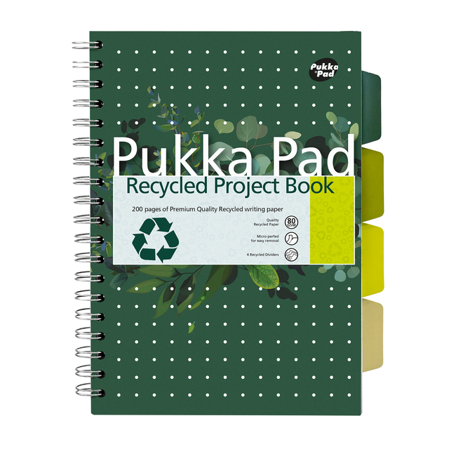 Carnet de projets Pukka Pad Recycled B5 ligné 4 intercalaires 200 pages 80g vert