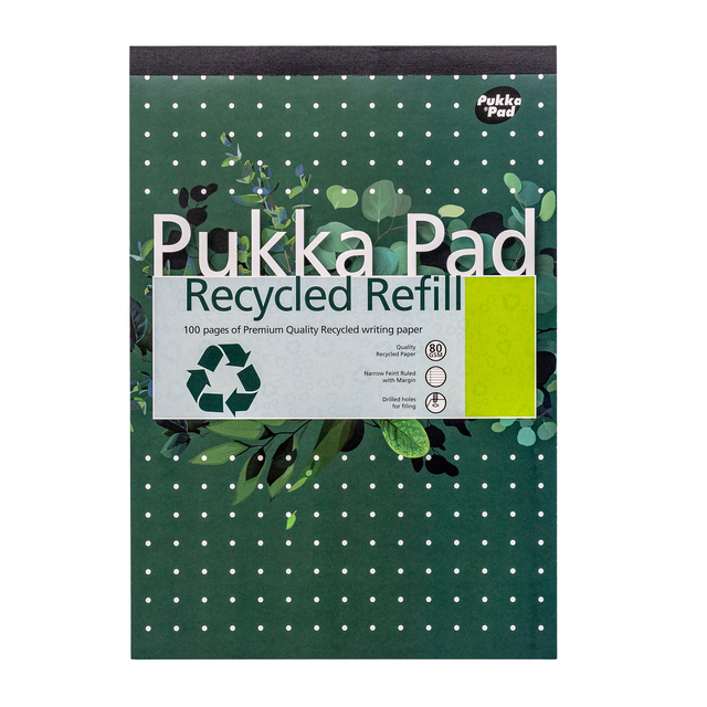 Bloc-notes Pukka Pad Recycled A4 ligné 4 perforations 100 feuilles 80g