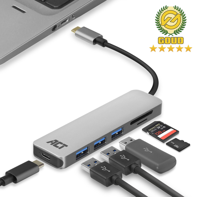 Hub ACT USB-C 3.0, 3x USB-A cardreader PD p-through