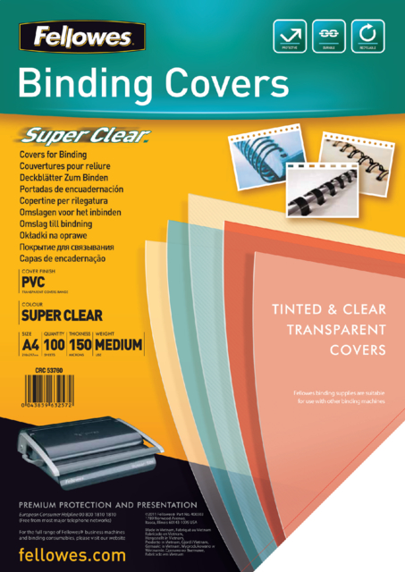 Couverture Fellowes A4 PVC 150 micron transparent 100 pièces