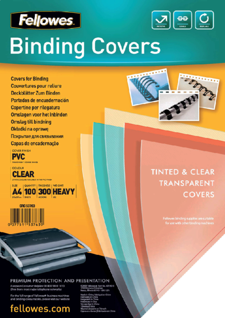 Couverture Fellowes A4 PVC 300 micron transparent 100 pièces