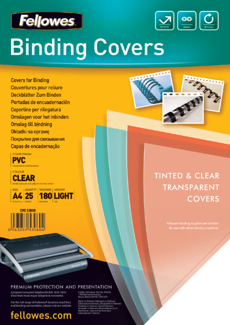 Couverture Fellowes A4 PVC 180 micron transparent 25 pièces