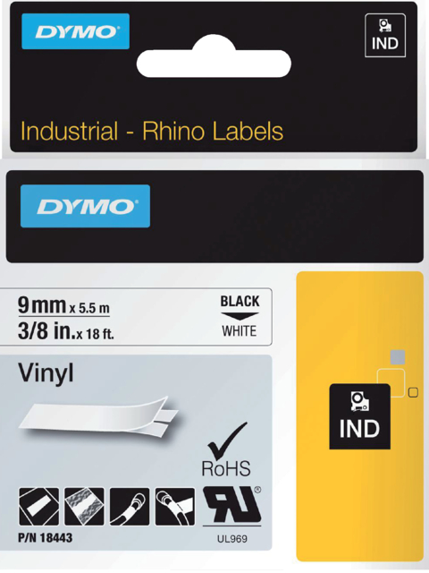 Labeltape Dymo Rhino industrieel vinyl 9mm zwart op wit