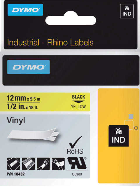 Labeltape Dymo Rhino industrieel vinyl 12mm zwart op geel