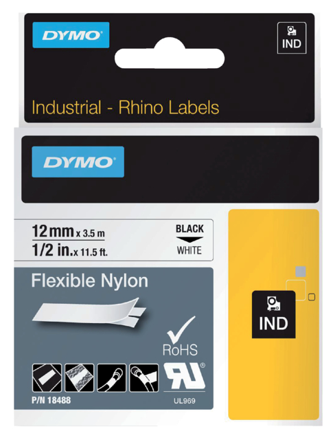 Labeltape Dymo Rhino industrieel nylon 12mm zwart op wit