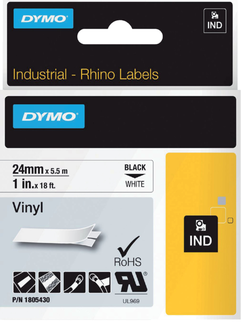 Labeltape Dymo Rhino industrieel vinyl 24mm zwart op wit