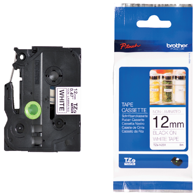 Ruban de lettrage Brother P-Touch TZe-N231 non laminé 12mm noir sur blanc