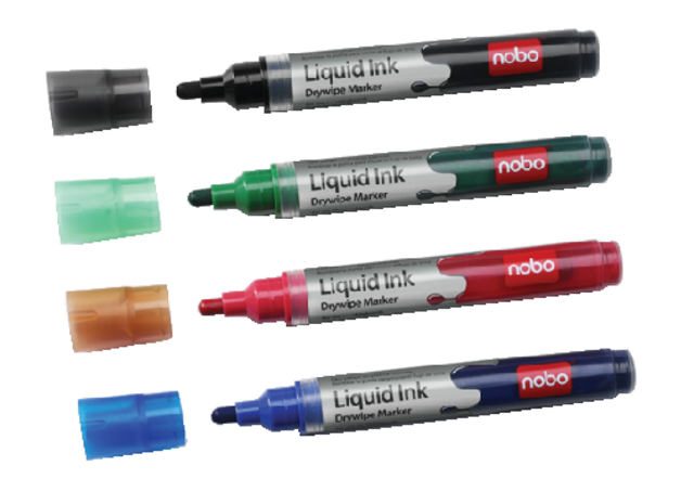 Viltstift Nobo whiteboard Liquid ink rond assorti 3mm 4st