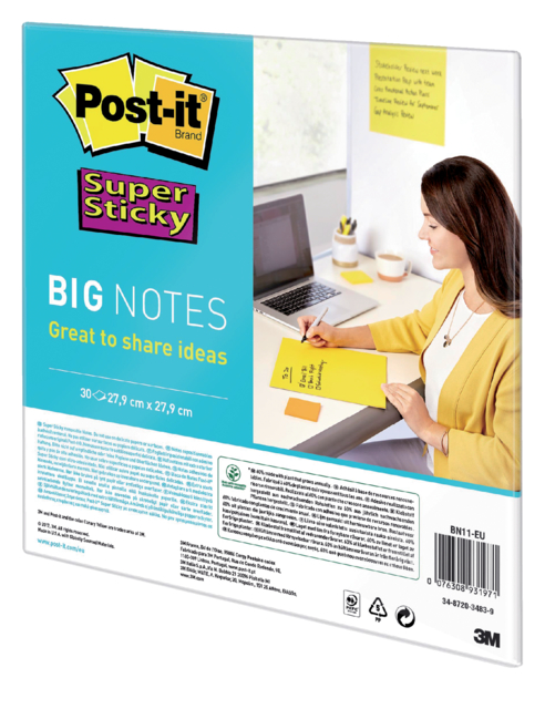 Memoblok Post-it Super Sticky Big Notes BN11-EU geel 279x279mm 30 vel