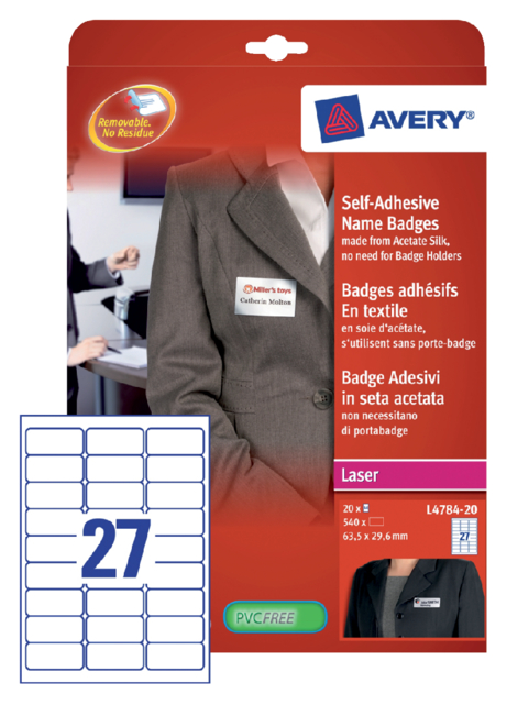 Naambadge etiket Avery L4784-20 63.5x29.6mm zk 540stuks