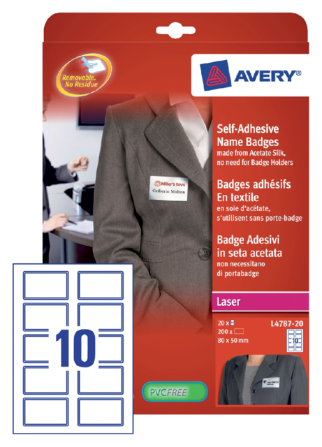 Naambadge etiket Avery L4787-20 80x50mm blauw kader 200stuks