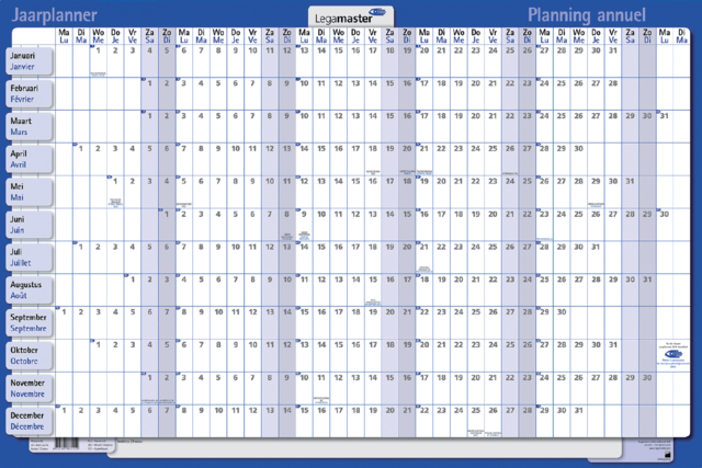 Jaarplanner 2025 Legamaster 90x60cm horizontaal gelamineerd en oprolbaar Engelstalig