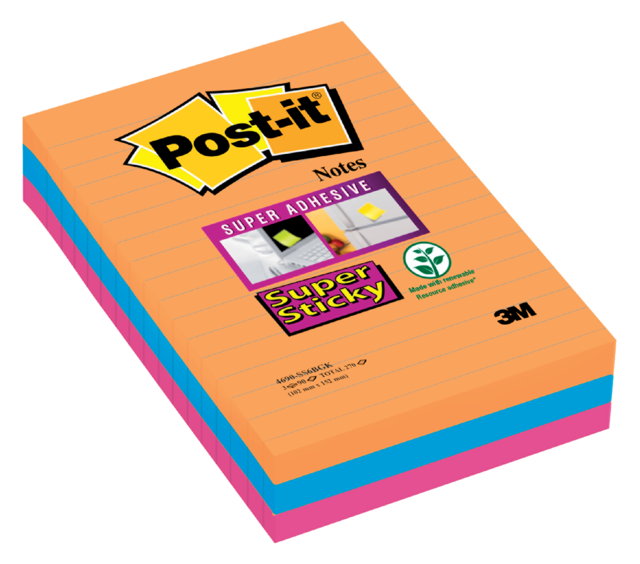 Memoblok Post-it 4690 Super Sticky 101x152mm lijn Bangkok 3 stuks