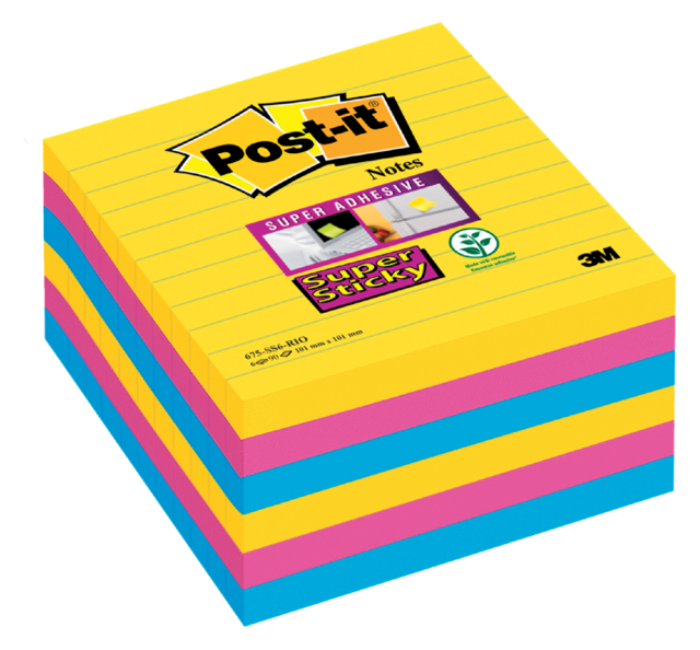 Memoblok Post-it 675 Super Sticky 101x101mm lijn Rio 6 stuks