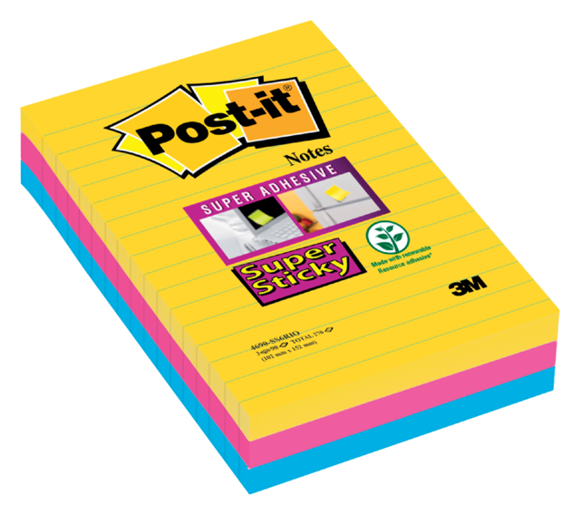 Memoblok Post-it 4690 Super Sticky 101x152mm lijn Carnival 3 stuks