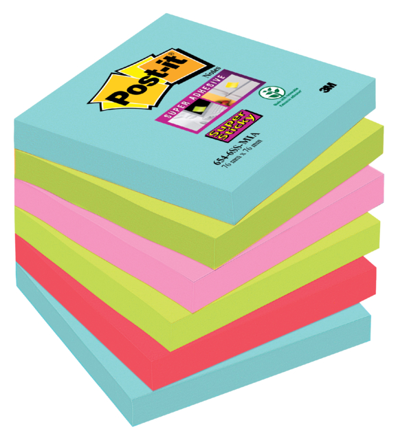 Bloc-mémos Post-it 654 Super Sticky 76x76mm Cosmic 6 pièces