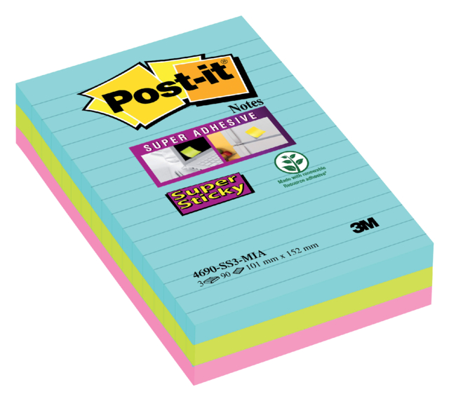 Bloc-mémos Post-it 4690 Super Sticky 101x152mm Cosmic 3 pièces